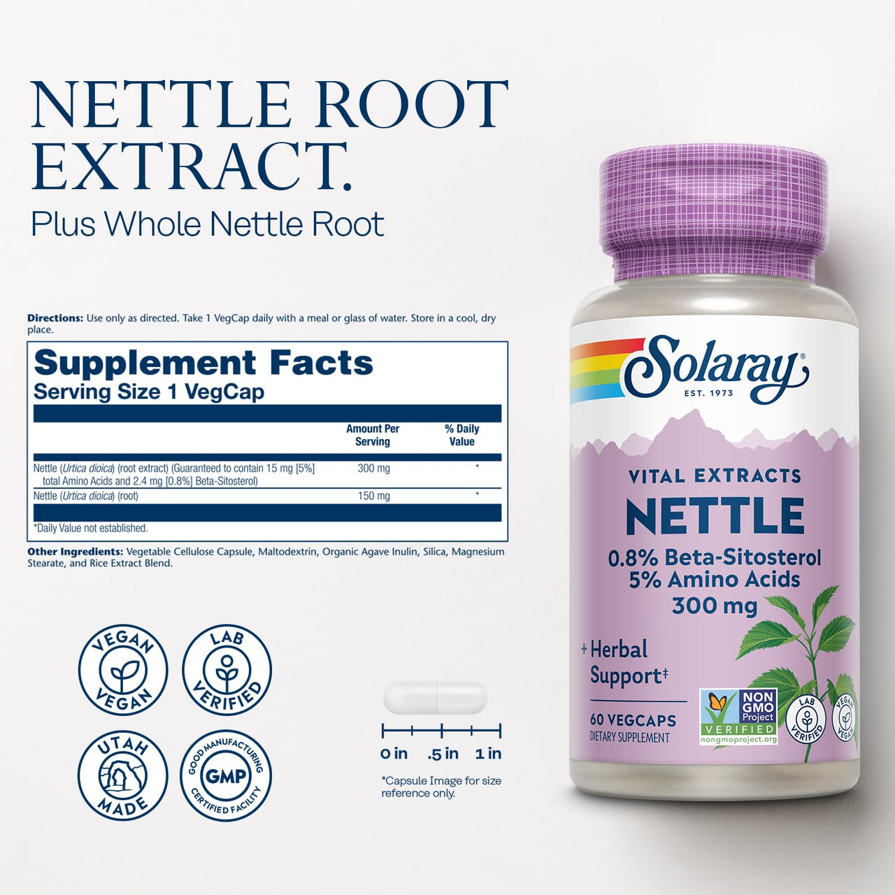 SOLARAY Nettle Root Extract 300 mg with Nettle Root 150 mg, Healthy Urinary & Prostate Support for Men with Amino Acids and Beta-Sitosterol, Vegan, 60-Day Guarantee, 60 Servings, 60 VegCaps