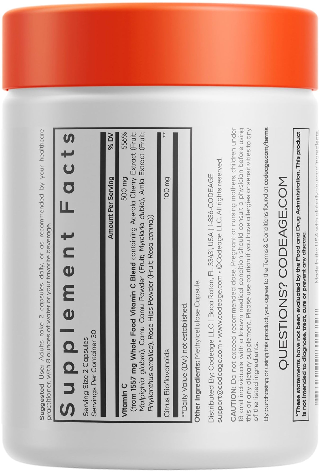 Codeage Whole Food Vitamin C Supplement - Acerola Cherry, Camu Camu, Amla Berry & Rose HIPS Blend - Citrus Bioflavonoids - Instantfood Energy Vitamins - 500mg Vitamin C Pills - Non-GMO - 60 Capsules