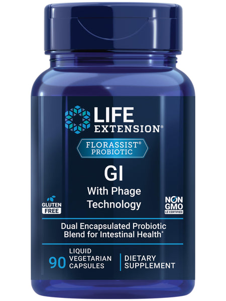 Life Extension FLORASSIST GI with Phage Technology, Digestive Health, probiotic Support, Nutrient Absorption, 7 probiotic strains, bacteriophage Blend, 90 Liquid Vegetarian Capsules