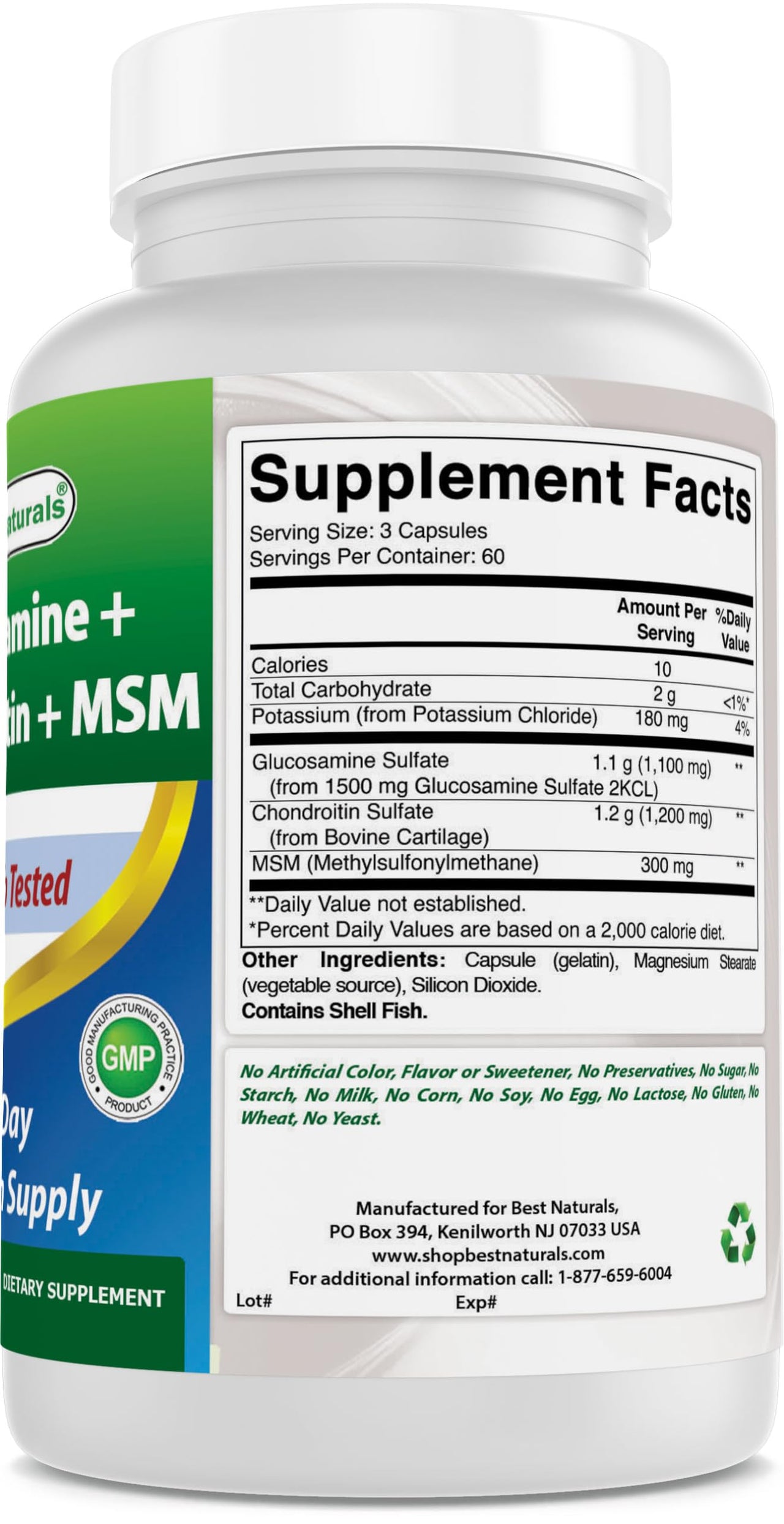 Best Naturals Glucosamine Chondroitin and MSM (Non-GMO) - Promotes Joint Health - 180 Count