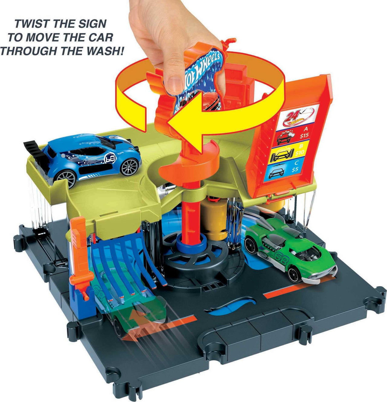 Hot Wheels City Toy Track Set, Downtown Express Car Wash Playset with 1:64 Scale Vehicle, Foam Roller & Drying Flaps