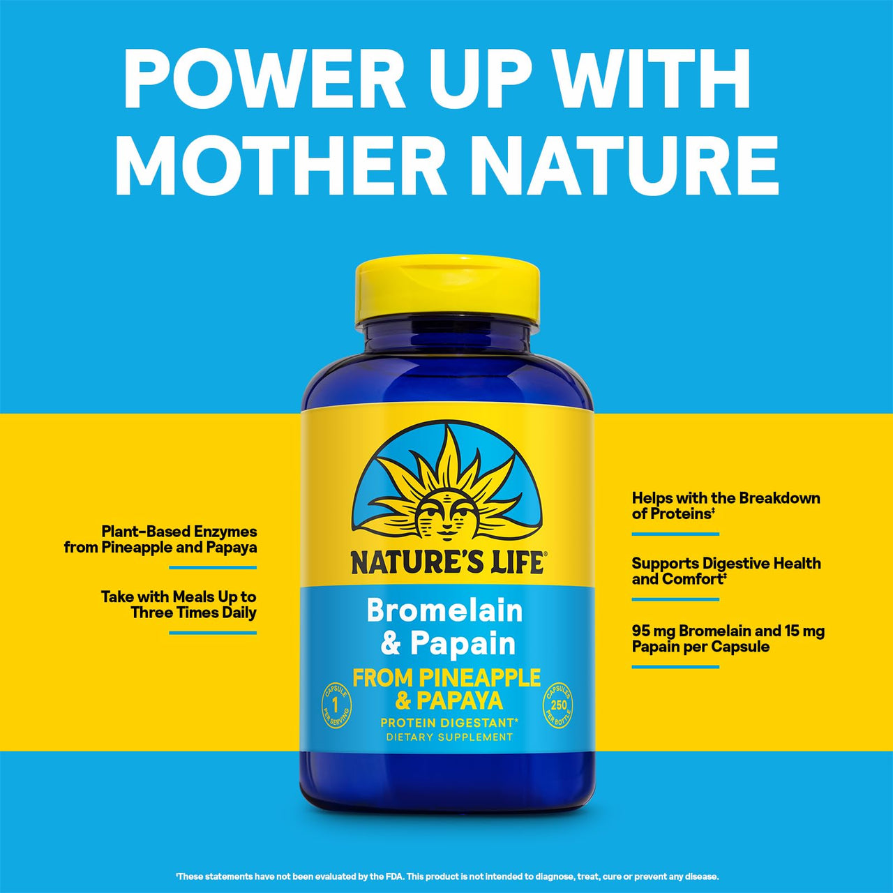 Nature's Life Bromelain & Papain Proteolytic Enzyme Supplement for Men & Women - From Pineapple & Papaya, Digestive Health Support Veg Caps, Bromelain 250 mg and Papain 250 mg - 250 Capsule CT