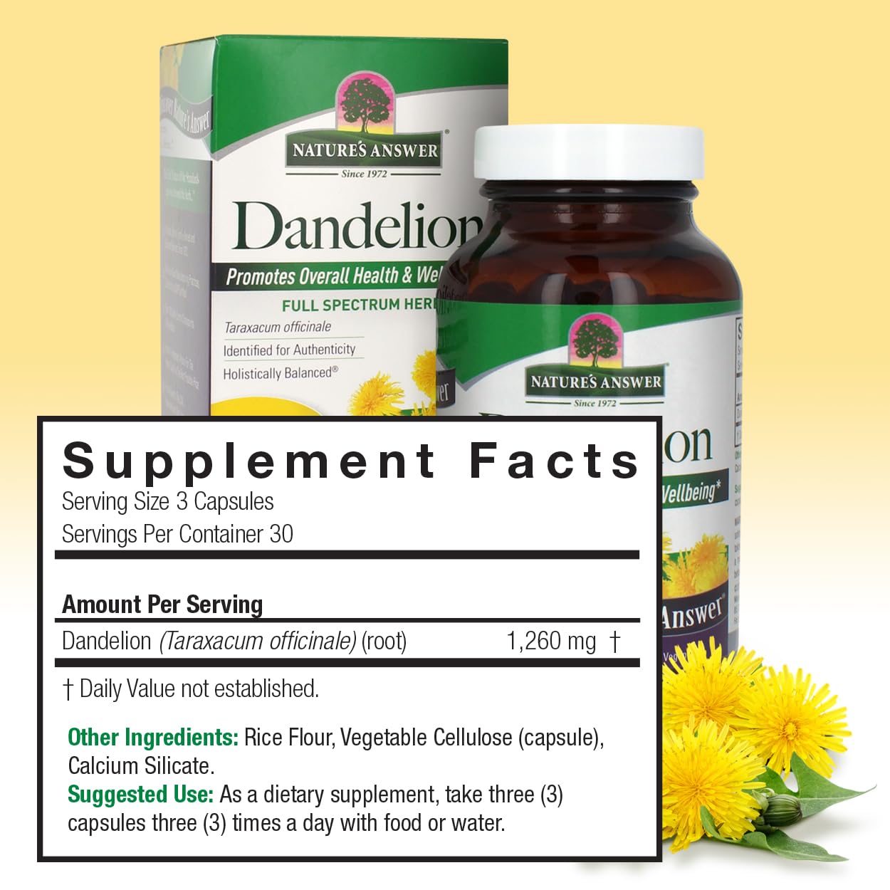 Nature's Answer Dandelion Root | Supports Healthy Liver Function | Promotes Detoxification & Waste Elimination | Gluten-Free Kosher Certified & No Preservatives | Vegetarian Capsules 90ct.