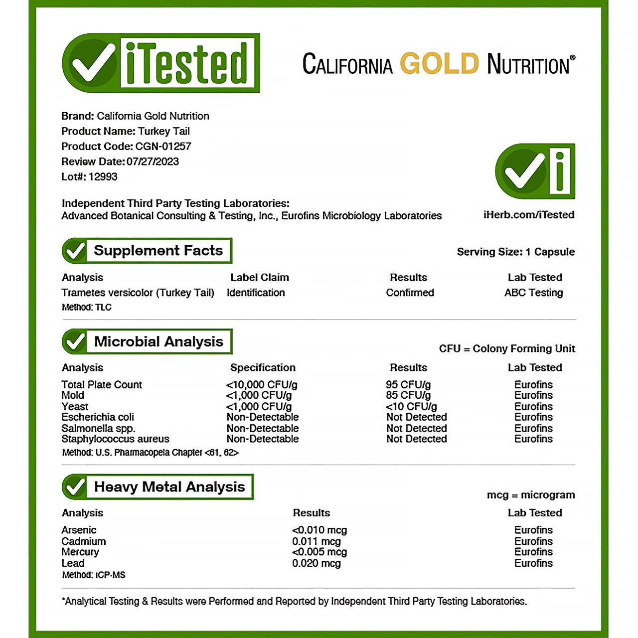 California Gold Nutrition Full-Spectrum Turkey Tail, 90 Plantcaps
