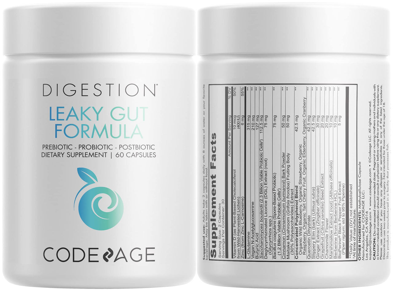 Codeage Leaky Gut, L-Glutamine for Gut Health Support, N-Acetylglucosamine Supplement, Probiotic, Butyric Acid, Polyphenols, Quercetin, DGL, Berberine, BioPerine, Cinnamon, Vegan, Non-GMO - 2 Pack