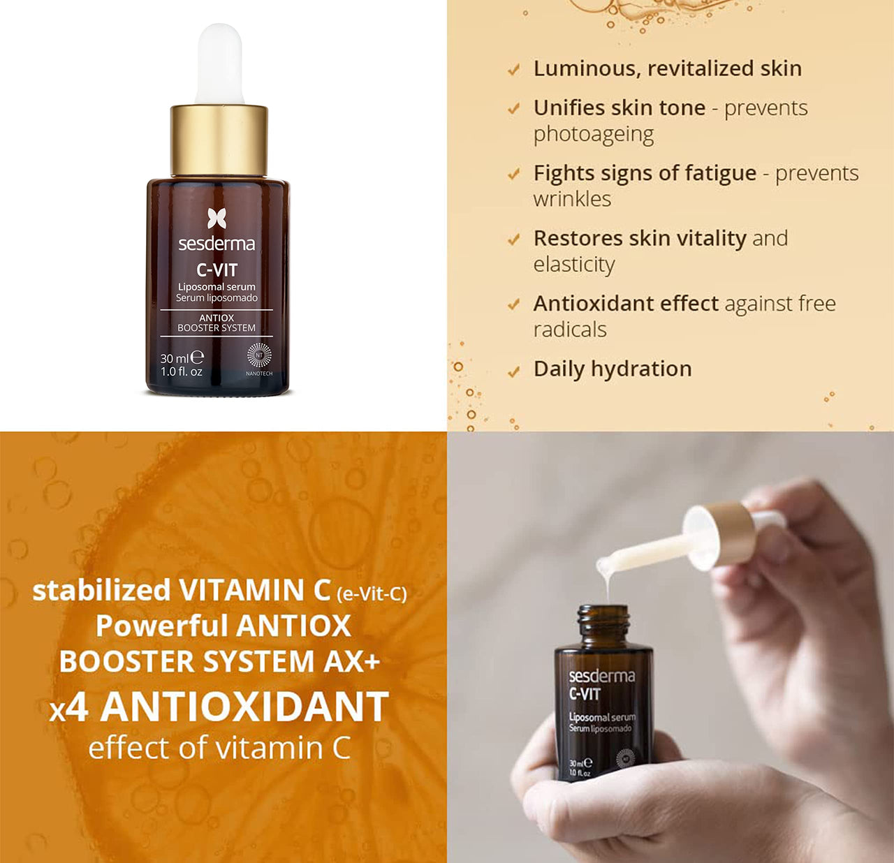 Sesderma C-VIT Radiance Serum with Vitamin C, Brightens, Hydrates & Fights Signs of Aging, Antioxidant Formula, 1.0 fl oz