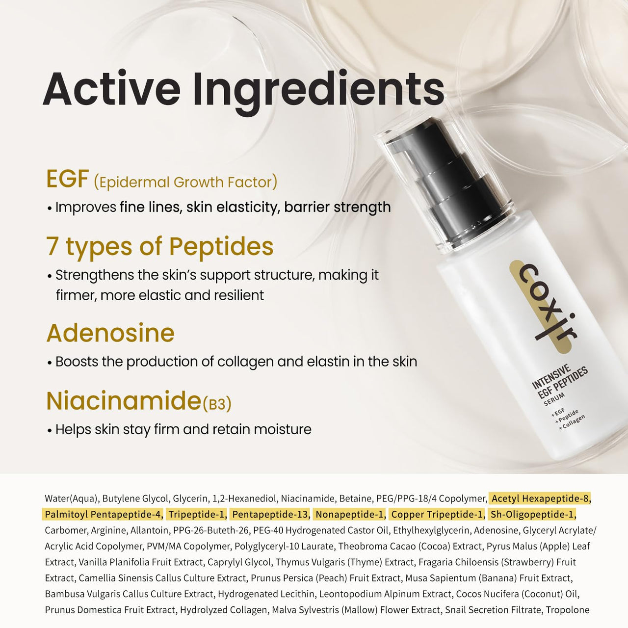 coxir INTENSIVE EGF PEPTIDES SERUM l EGF(Epidermal Growth Factor) Peptide Serum for Face – Korean Formula for Firm, Renew& Hydrated Skin – Facial Serum for Lines