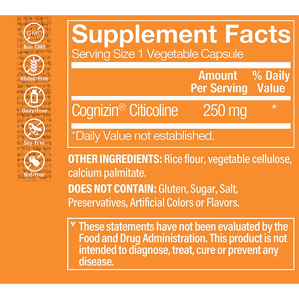 The Vitamin Shoppe Cognizin Citicoline 250MG, Cognitive Health Supplement to Support Brain and Focus (60 Veggie Capsules)