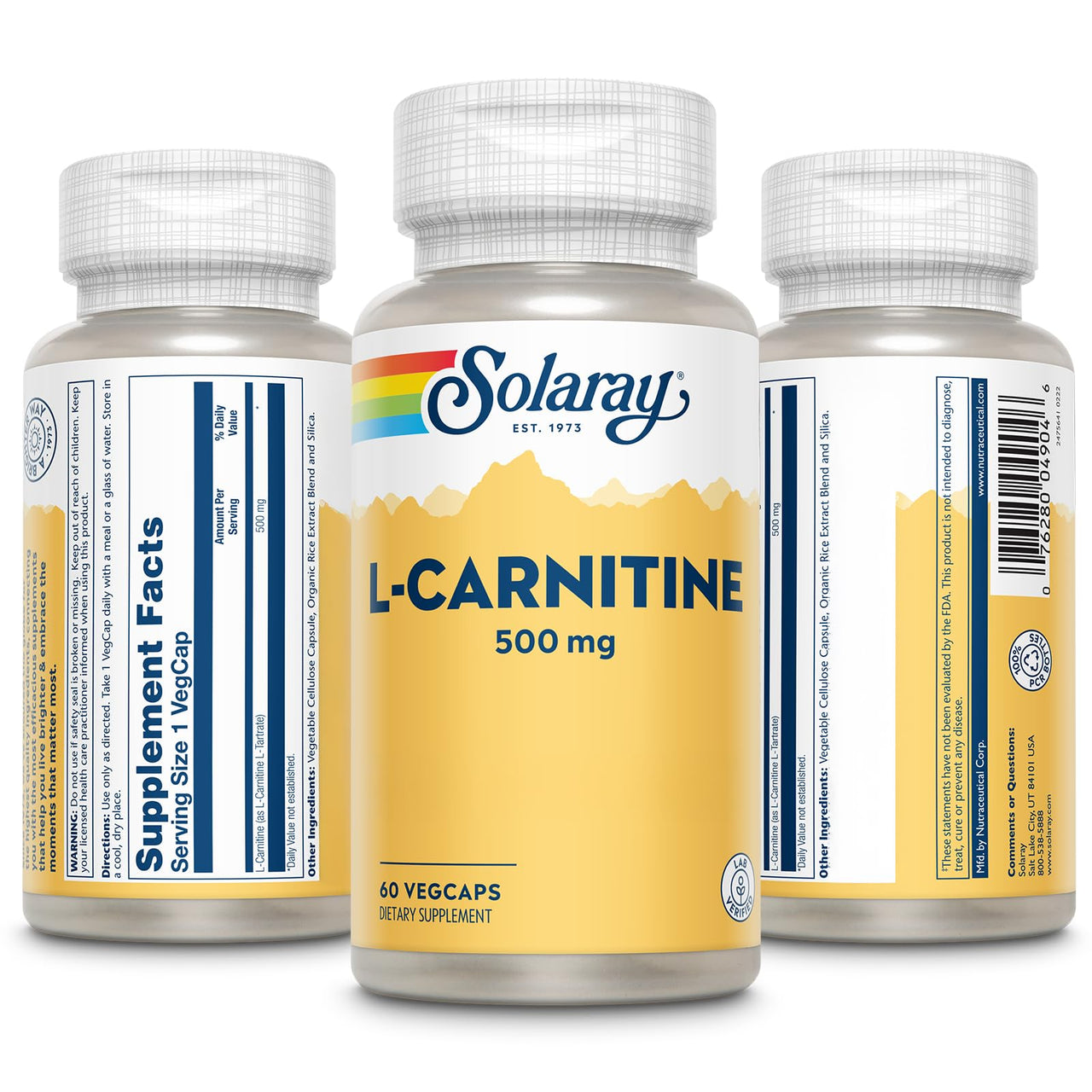 SOLARAY L-Carnitine 500 mg, Free Form Amino Acid, Lab Verified, GMP Facility, 60-Day Money-Back Guarantee, 60 Servings, 60 VegCaps