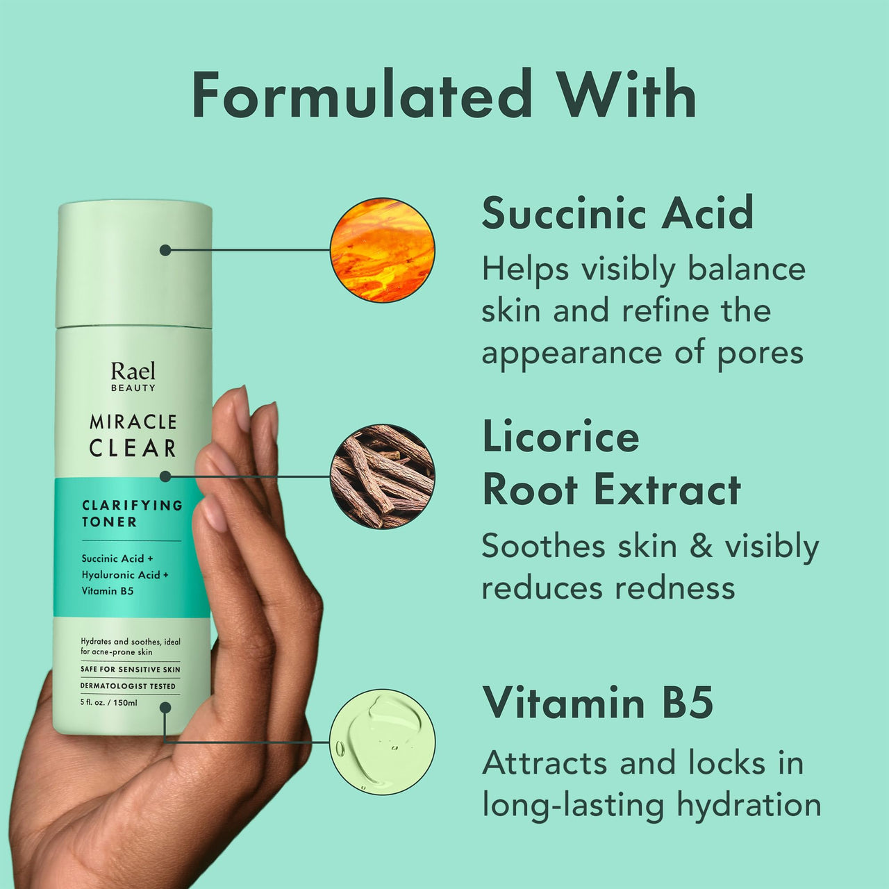 Rael Toner for Face, Miracle Clear – Daily Toner with Succinic Acid, Vitamin B5, Hydration, Korean Skin Care (5.1 oz)