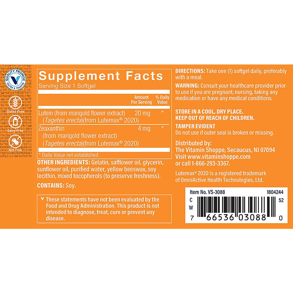 The Vitamin Shoppe Lutein 20 MG - Eye Health, Vision Support & Blue Light Protection, Carotenoid Antioxidant (120 Softgels)