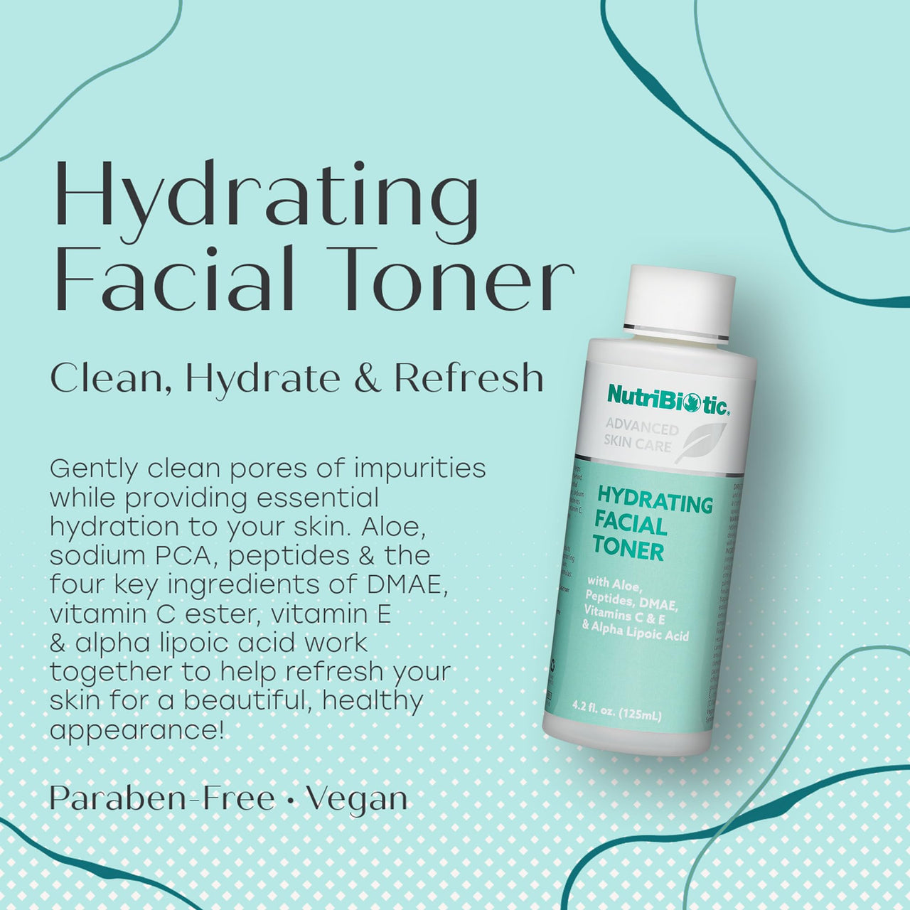 NutriBiotic Hydrating Facial Toner, 4.2 Fl Oz with GSE | with Peptides, Aloe, DMAE, Vitamin C Ester, Tocotrienols & Alpha Lipoic Acid | Vegan & Paraben Free