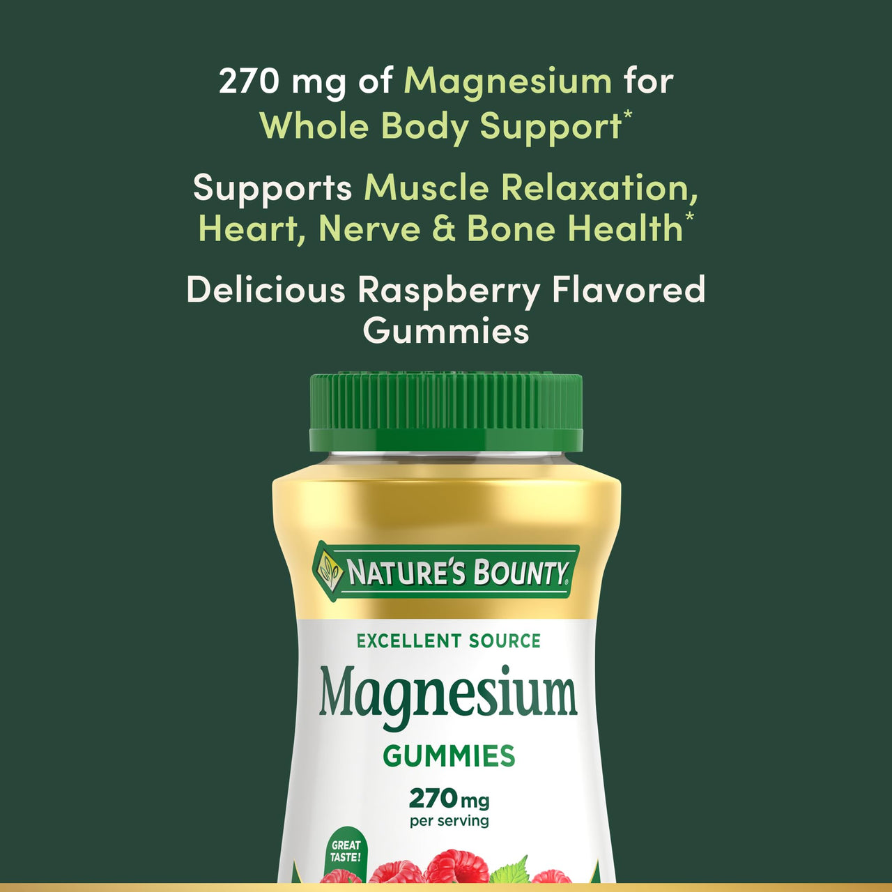 Nature's Bounty Magnesium Citrate Gummies for Adults, Supports General Health, Bone, Nerve, Muscle & Heart Health Support, 270mg per Serving, Vegan, Non-GMO - Raspberry 90 Count