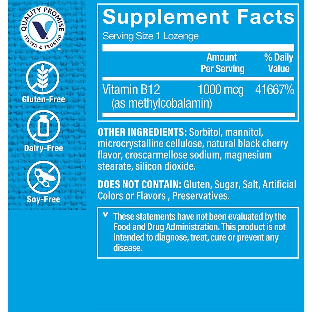 The Vitamin Shoppe Vitamin B12 Methylcobalamin 1,000mcg - Highly Bioavailable Form of B12 to Support Energy Production - Black Cherry Flavored (60 Lozenges)