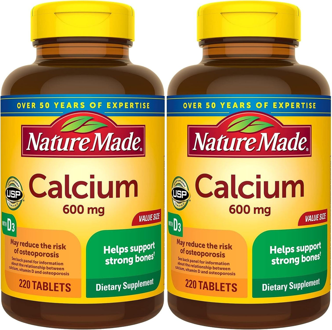 Nature Made Calcium 600 mg with Vitamin D3, Dietary Supplement for Bone Support, 220 Tablets - Pack of 2