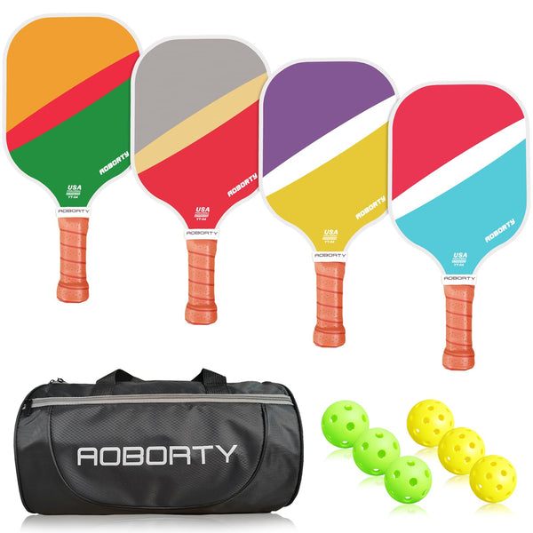 AOBORTY Pickleball Paddles 4 Pack - USAPA Light Graphite Premium Rackets Fiber Face & Polymer Honeycomb Core Pickleball Set with 6 Outdoor Indoor Balls Including Portable Carry Bag