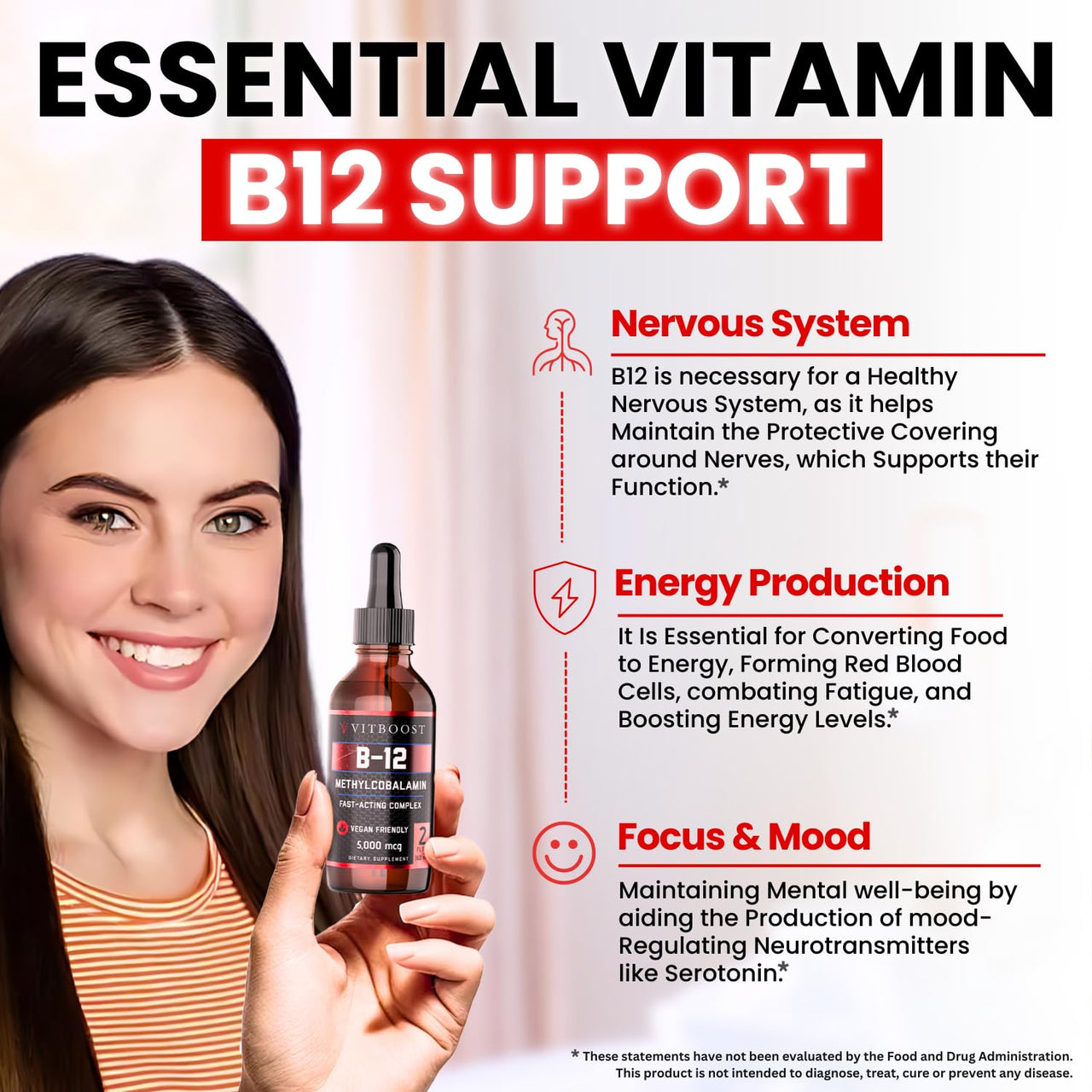 VITBOOST Vegan Liquid B-12 Drops – 60 x 5000 mcg Extra Strength Raspberry Flavored Vitamin B12 Liquid Methylcobalamin sublingual Supplement | Designed to Maximize Absorption & Energy | Gluten Free