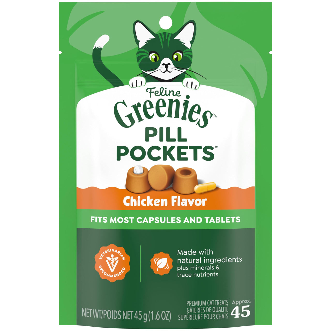 Greenies Feline Pill Pockets for Cats Natural Soft Cat Treats, Chicken Flavor, 1.6 oz. Pouch (45 Treats)