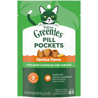 Thumbnail for Greenies Feline Pill Pockets for Cats Natural Soft Cat Treats, Chicken Flavor, 1.6 oz. Pouch (45 Treats)