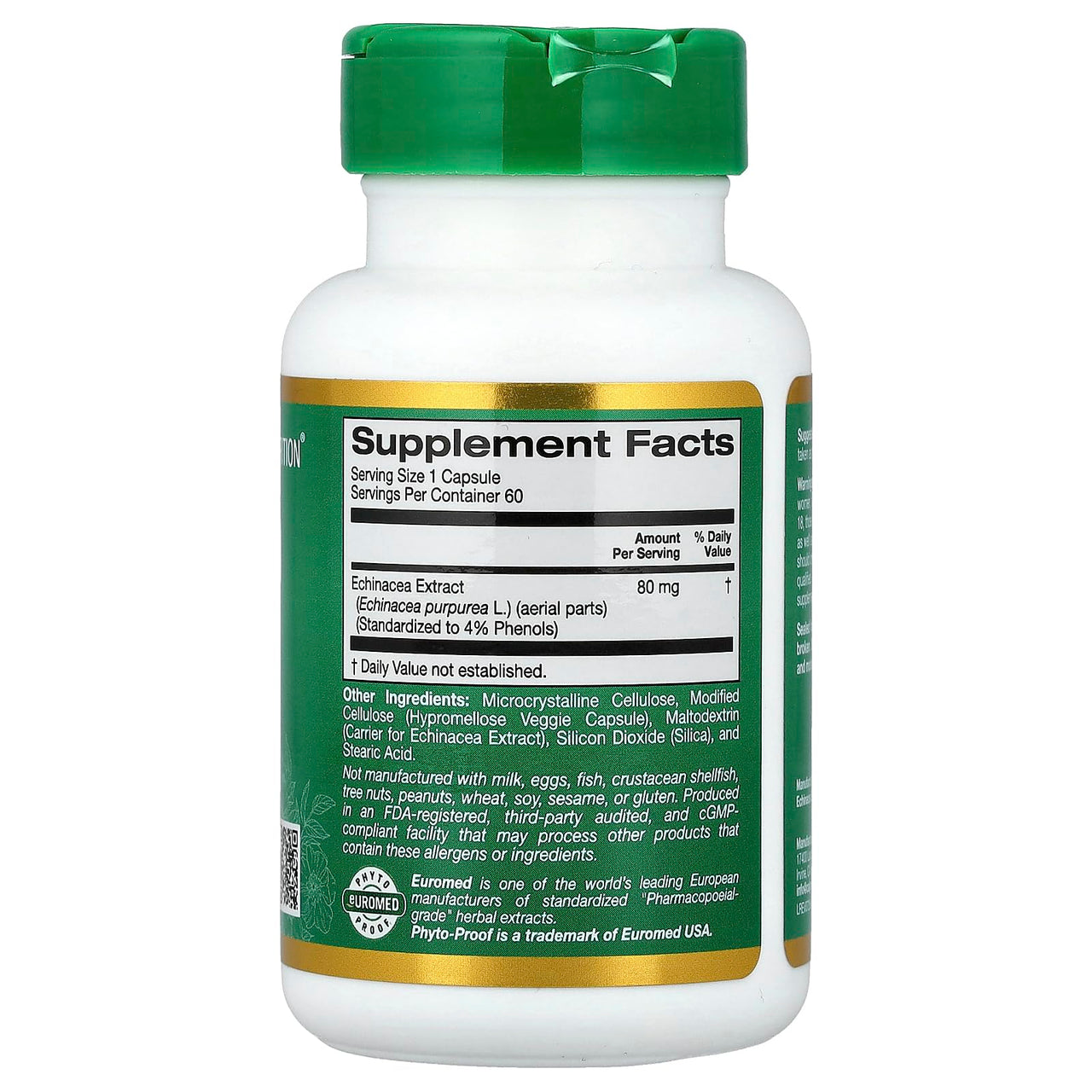California Gold Nutrition EuroHerbs™, Echinacea Herb Extract, Euromed Quality, 80 mg, 60 Veggie Capsules