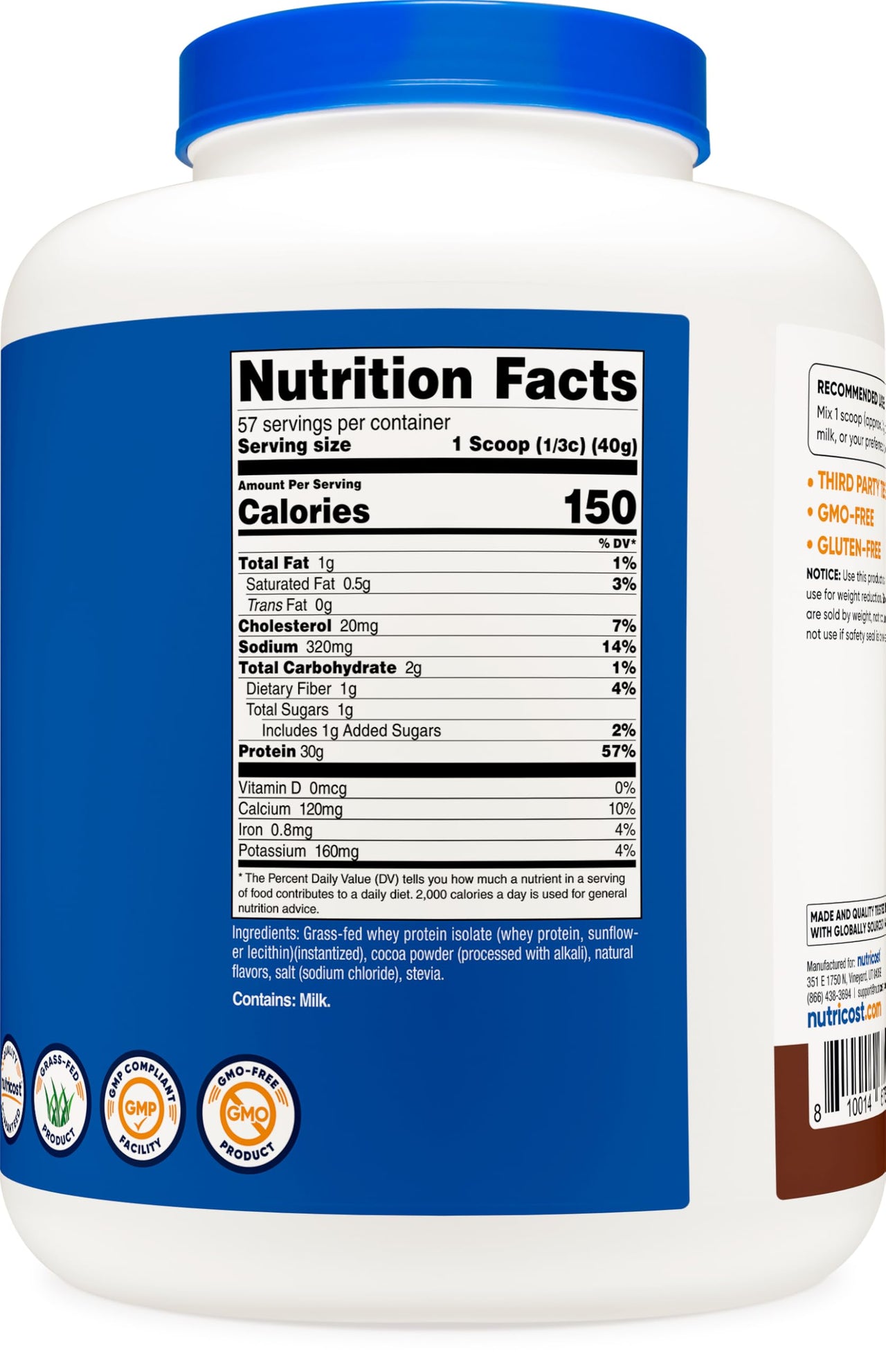 Nutricost Grass-Fed Whey Protein Isolate (Chocolate) 5LBS - Non-GMO, Gluten Free, Natural Flavors