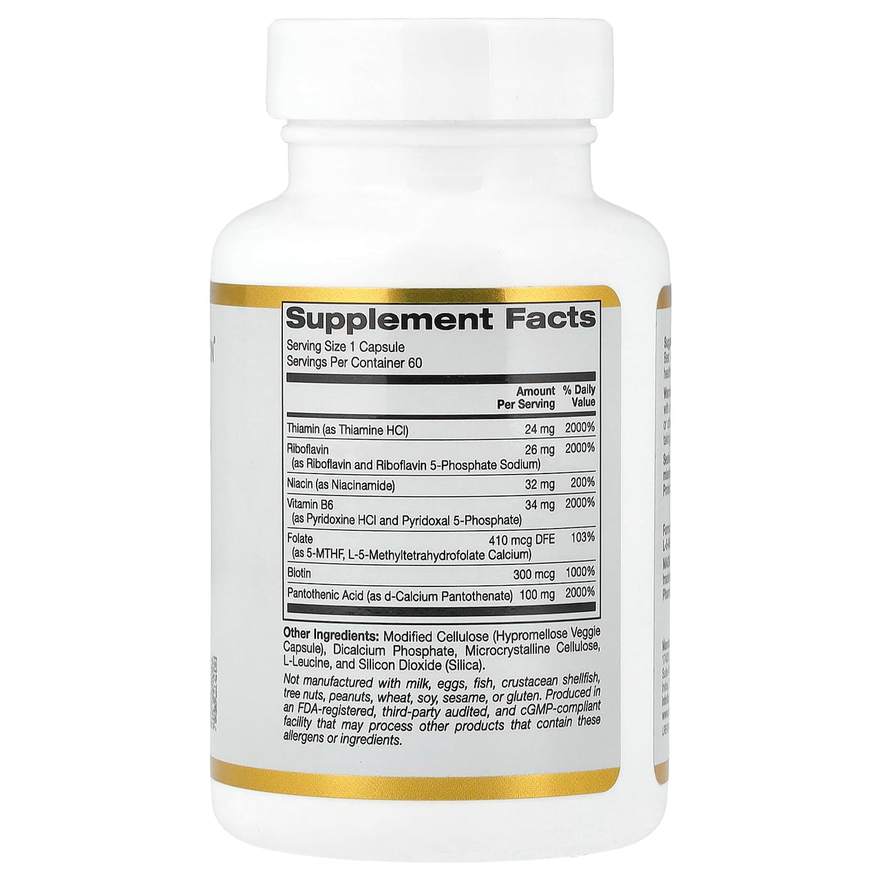 California Gold Nutrition Vitamin B Complex, Thiamin B1, Riboflavin B2, Niacin B3, Pyridoxine B6, Biotin B7, Pantothenic Acid B5 and Pro Folate B9, Gluten Free, Non GMO, 60 Veggie Capsules