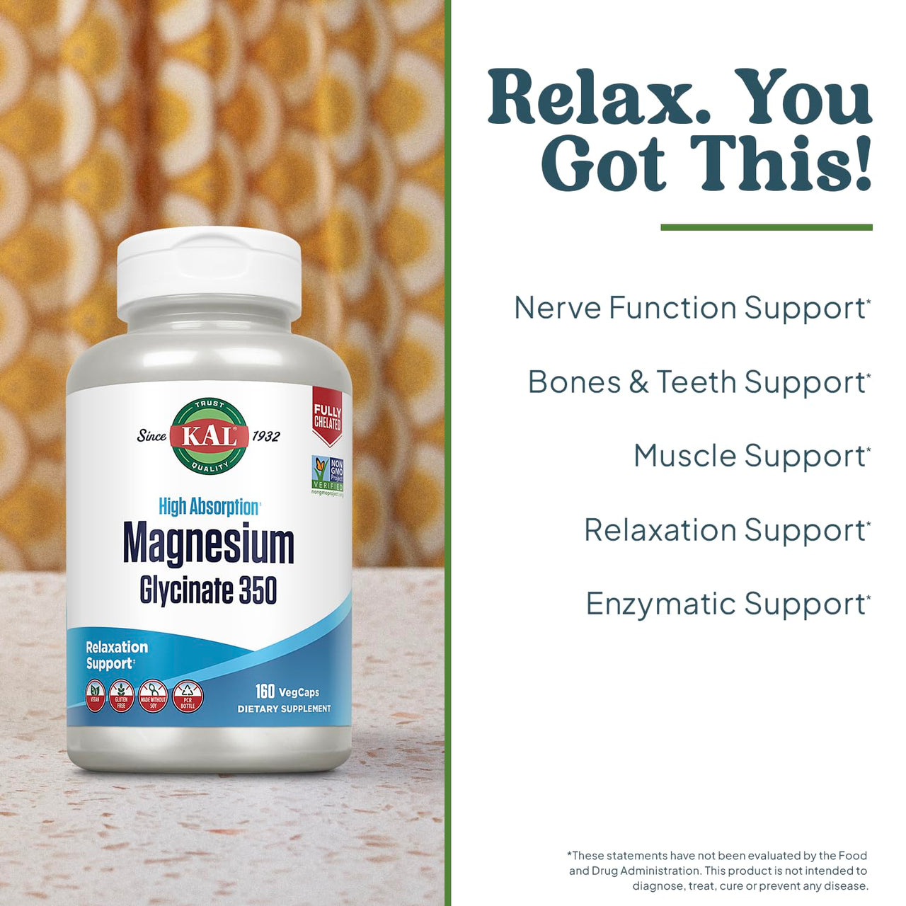 KAL Magnesium Glycinate Capsules, Fully Chelated Magnesium Bisglycinate, High Absorption Magnesium Supplement, Healthy Bones, Muscle, Relaxation and Stress Support, Non-GMO 160 count