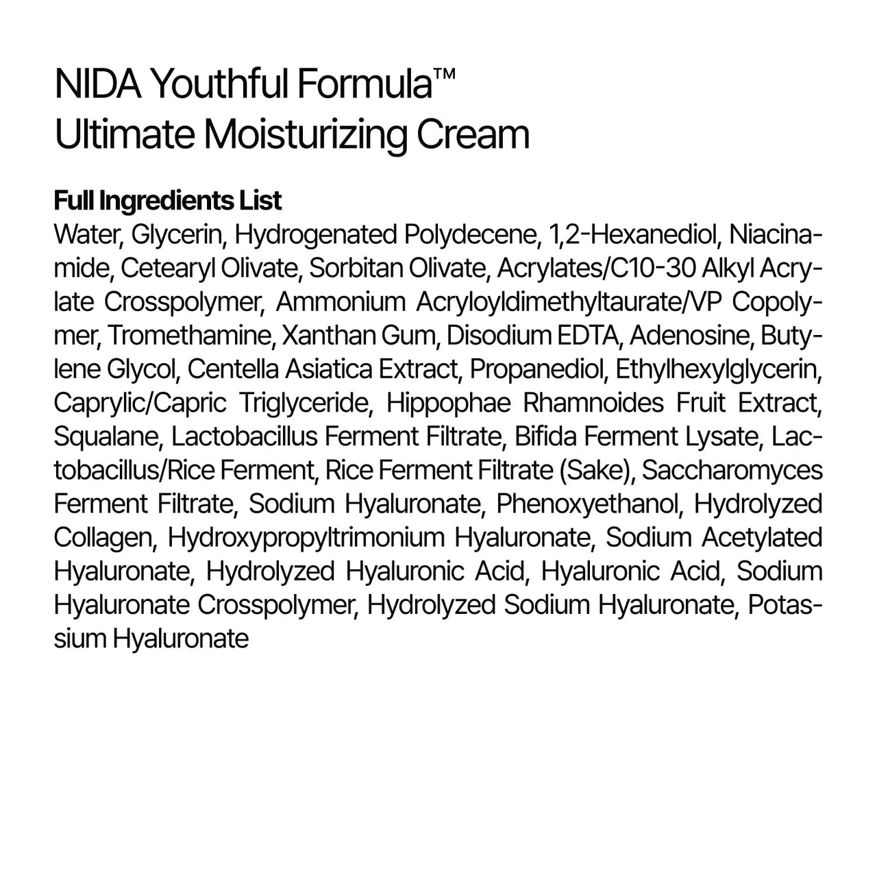 NIDA Youthful Formula™ Ultimate Moisturizing Cream | Centella Asiatica, Niacinamide, Hyaluronic Acid, Collagen | Wrinkles, Fine Lines, Dark Spots, Dry Skin, Redness | 3.38 fl. oz., 100ml (Old Formula)
