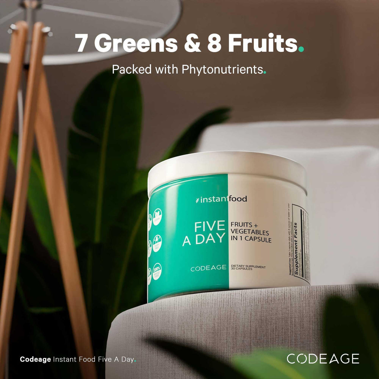 Codeage Instantfood Five A Day – Fruits & Vegetables Capsule Supplement – Whole Food Phytonutrients – 15 Fruits and Veggies Blend - Vegan, Non-GMO – 30 Capsules