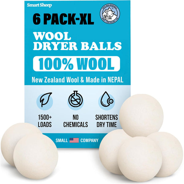 Smart Sheep Wool Dryer Balls - 6-Pack - XL Premium Natural Fabric Softener Award-Winning - Wool Balls Replaces Dryer Sheets - Wool Balls for Dryer - Laundry Balls for Dryer