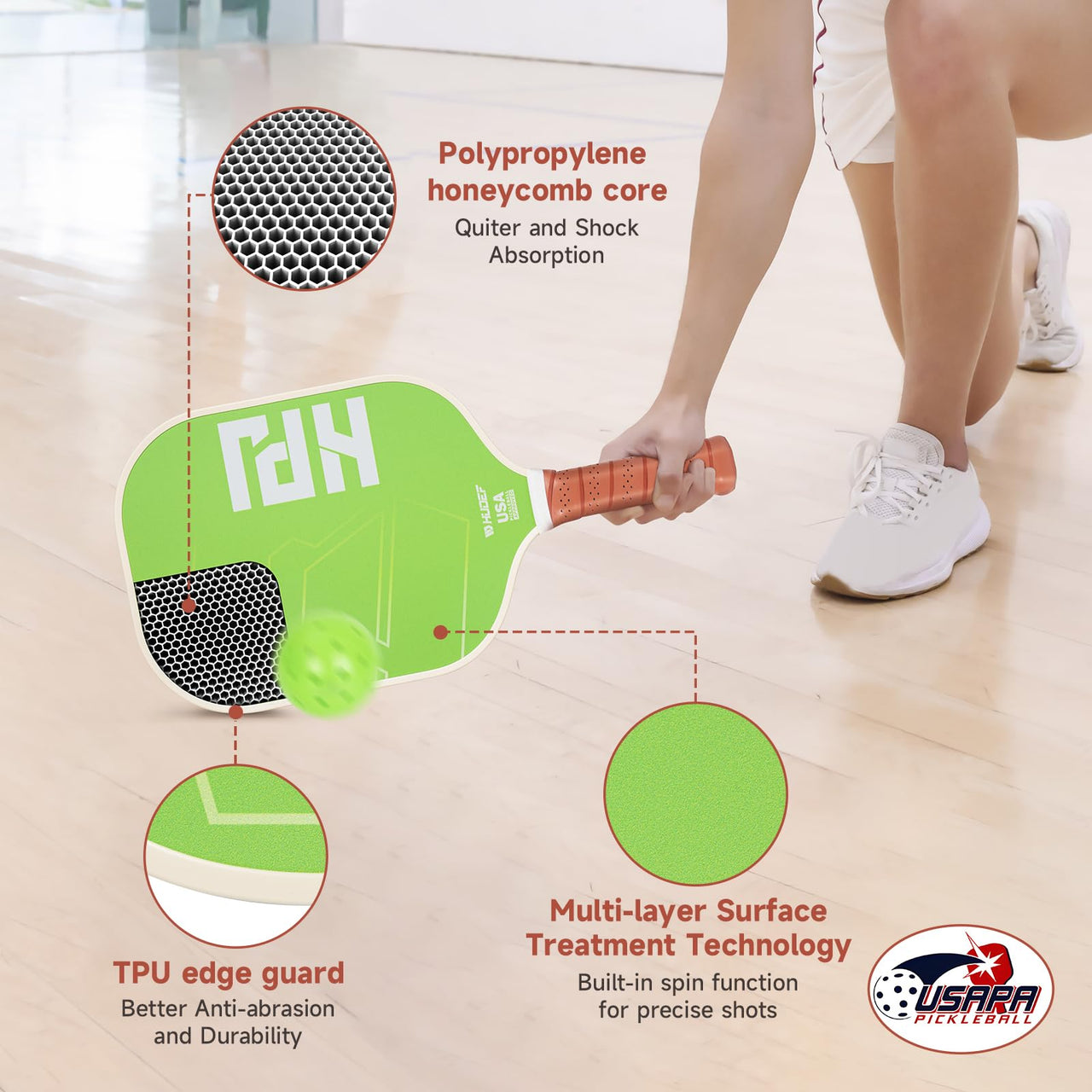 HUDEF Pickleball Paddles, USAPA Approved Pickle Ball Paddles Set of 2, Graphite and Fiberglass Pickleball Paddles, Polypropylene Honeycomb Core Paddle Rackets, 4 Outdoor Balls and Carry Bag Green