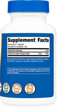 Thumbnail for Nutricost Copper Glycinate Capsules (120 Capsules, 3MG Copper per Serving) - Non GMO, Vegan