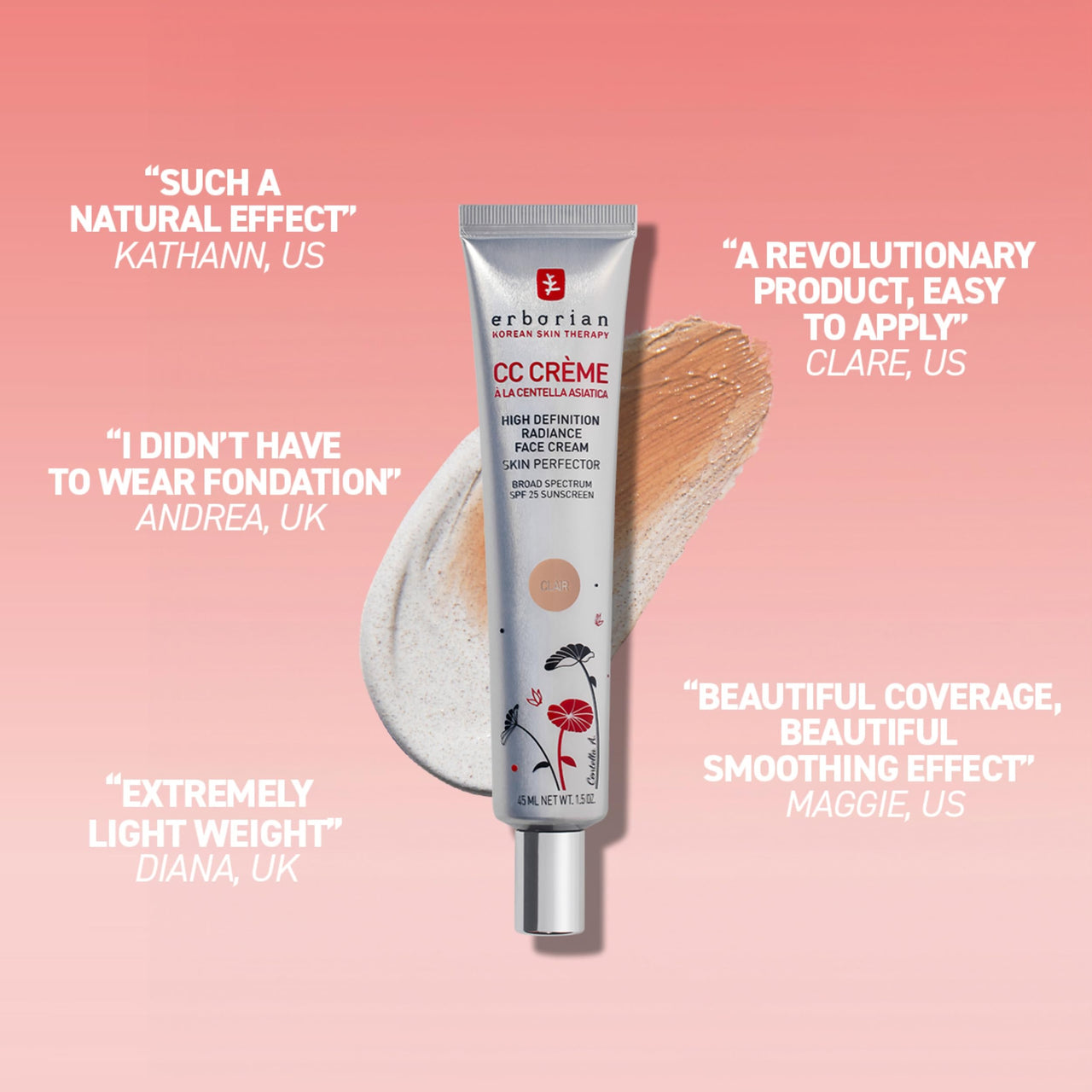Erborian Color Correcting CC Cream with Centella Asiatica, Tan (Dore) - Light Multi-Purpose Facial Concealer with Illuminating Finish Soothes & Hydrates - SPF Korean Skincare Skin Perfector - 1.5 Oz