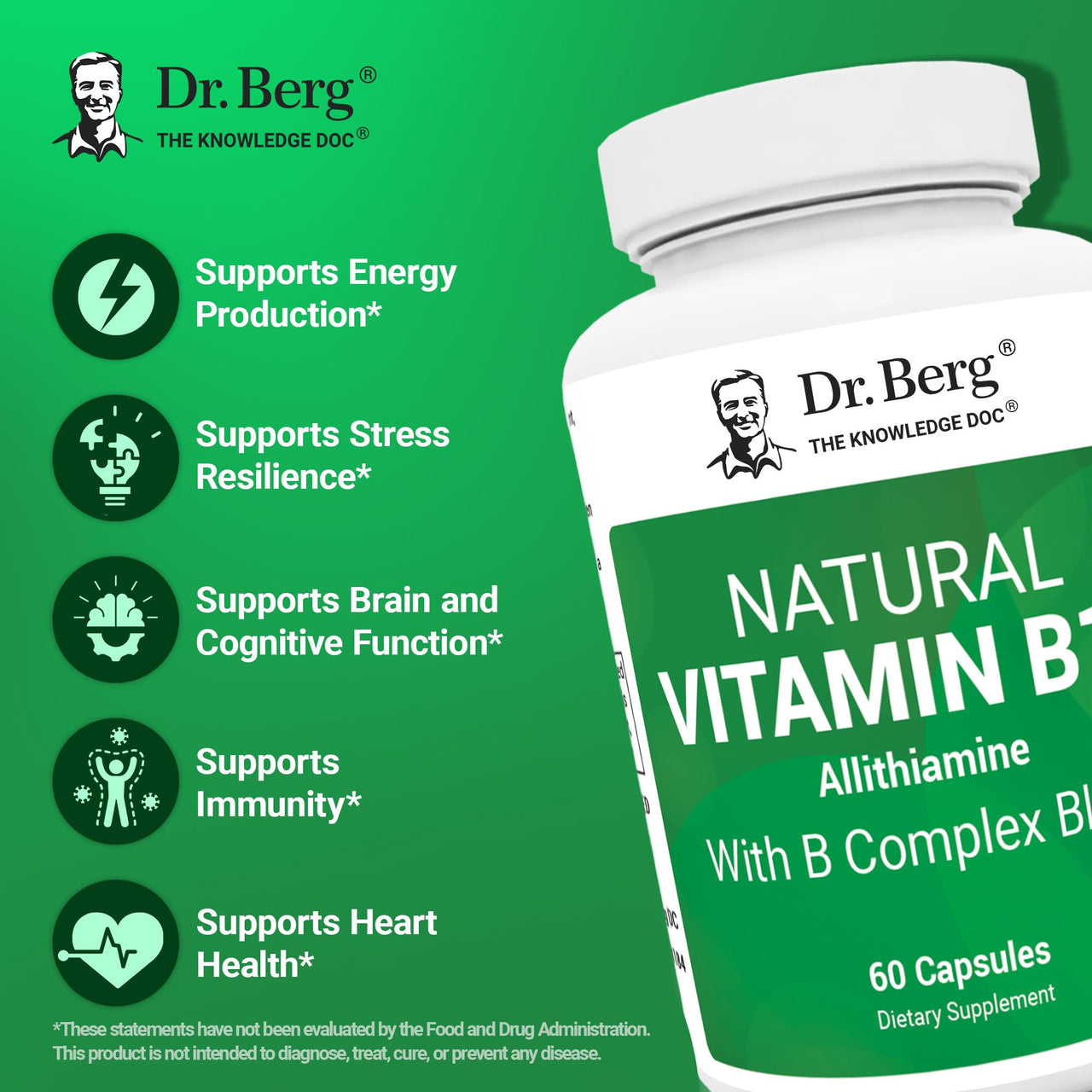 Dr. Berg Natural Vitamin B1 B6 B12 Complex - Allithiamine Vitamin B1 Supplement with 8 Essential Vitamin B Complex for Men & Women Including Thiamin, Niacin, Folate, Magnesium & More - 60 Capsules