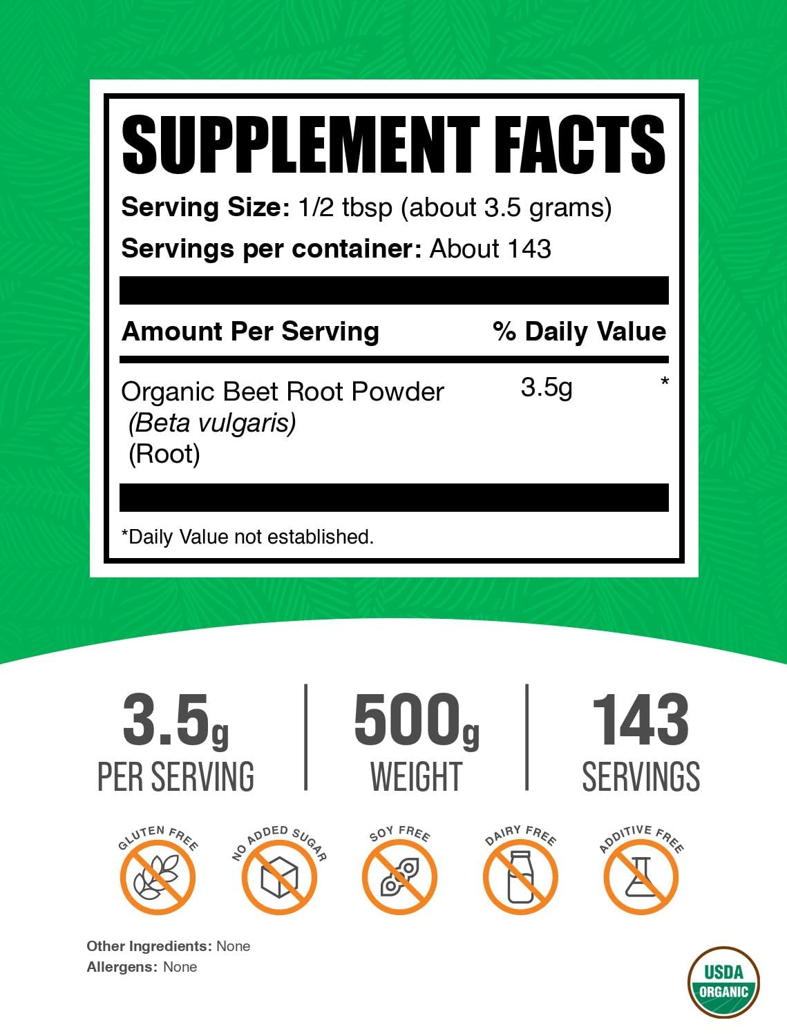 BulkSupplements.com Organic Beet Root Powder - Superfood Supplement, Beet Root Supplements - Vegan & Gluten Free, 3.5g per Serving, 500g (1.1 lbs) (Pack of 1)