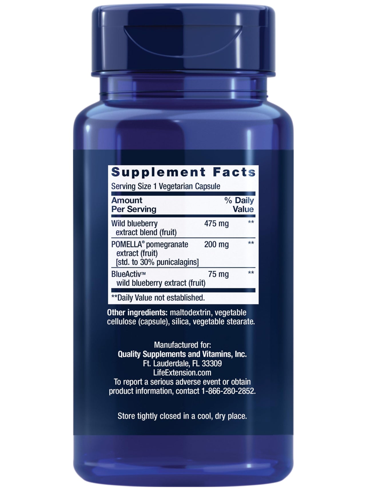 Life Extension Blueberry Extract and Pomegranate, arterial health support, antioxidant defense, gluten-free, non-GMO, vegetarian, 60 vegetarian capsules