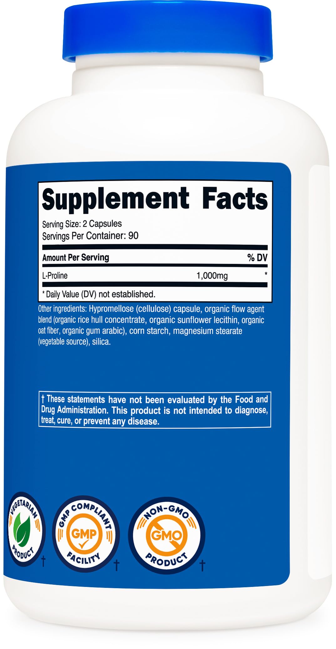 Nutricost L-Proline 1000mg, 180 Capsules (90 Servings) - 500mg Per Cap, Non-GMO, Gluten Free