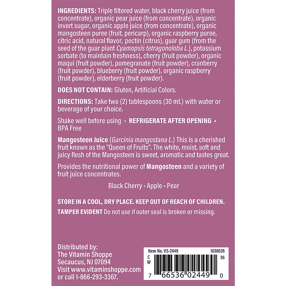 The Vitamin Shoppe Mangosteen Juice (Garcinia Mangosta L), A Natural Juice Blend, Super Fruit, Antioxidant, Superfood, "Queen of Fruits" (32 Fluid Ounces Liquid)