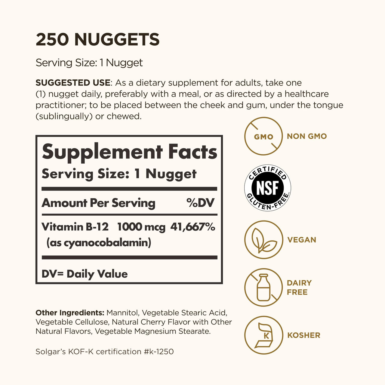 Solgar Vitamin B12 1000 mcg, 250 Nuggets - Supports Production of Energy, Red Blood Cells - Healthy Nervous System - Promotes Cardiovascular Health - Vitamin B - Non-GMO, Gluten Free - 250 Servings