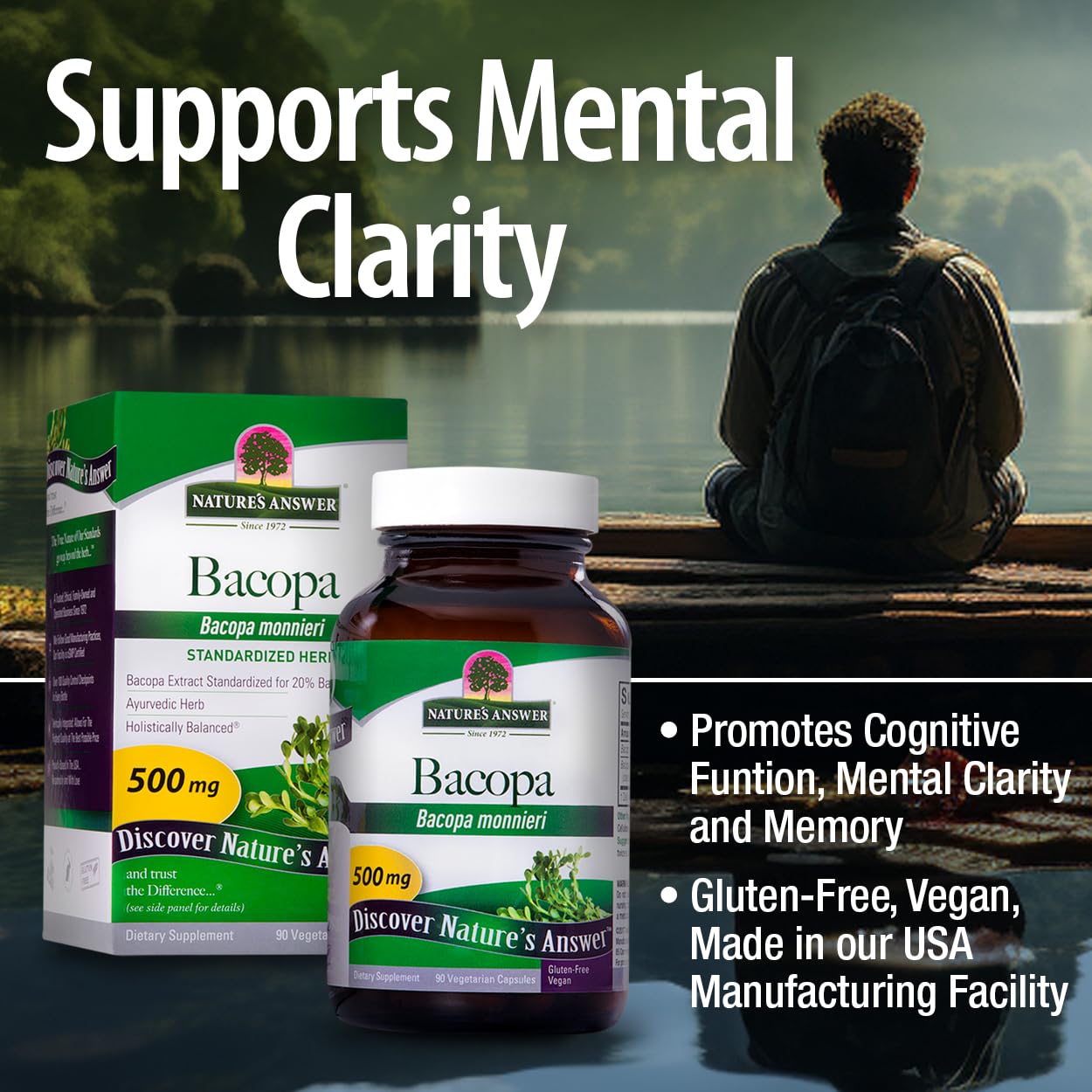 Nature's Answer Bacopa Monnieri | Helps Improve Memory | NON-GMO| No Preservatives | Gluten-Free, Vegan & Vegetarian â€“ 500mg (90 Capsules)