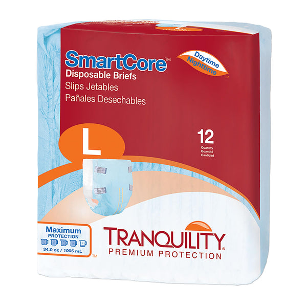 Tranquility SmartCore Adult Disposable Briefs, Incontinence Control with Breathable Kufguard Technology, Fastening Tabs & Wetness Indicator, Latex-Free, Adult Large, 34oz Capacity, 12ct Bag