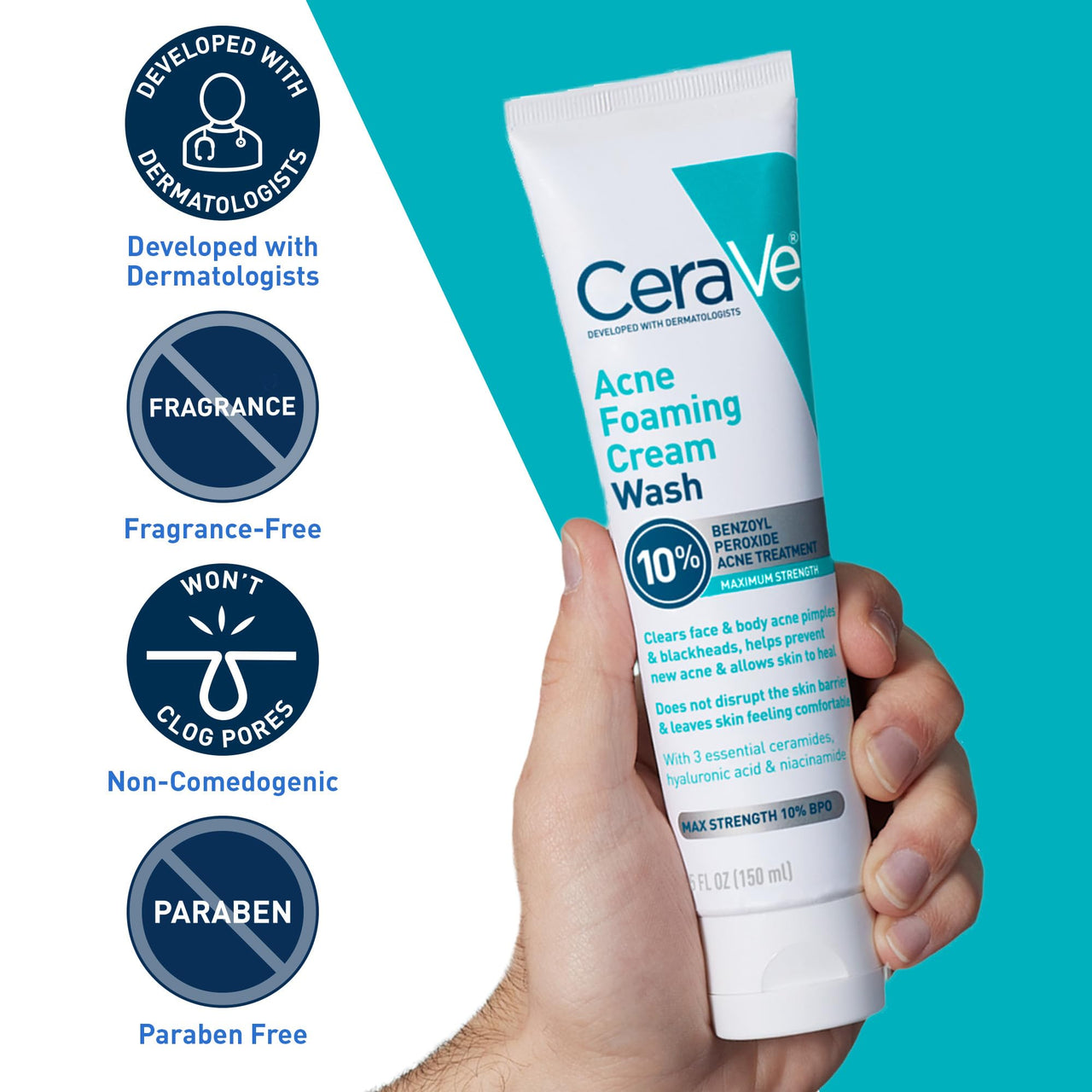 CeraVe Acne Foaming Cream Wash, Gentle Face and Body Cleanser with Benzoyl Peroxide 10%, Hyaluronic Acid, and Niacinamide, 10% Benzoyl Peroxide Treatment Clears Pimples and Blackheads 5 Oz