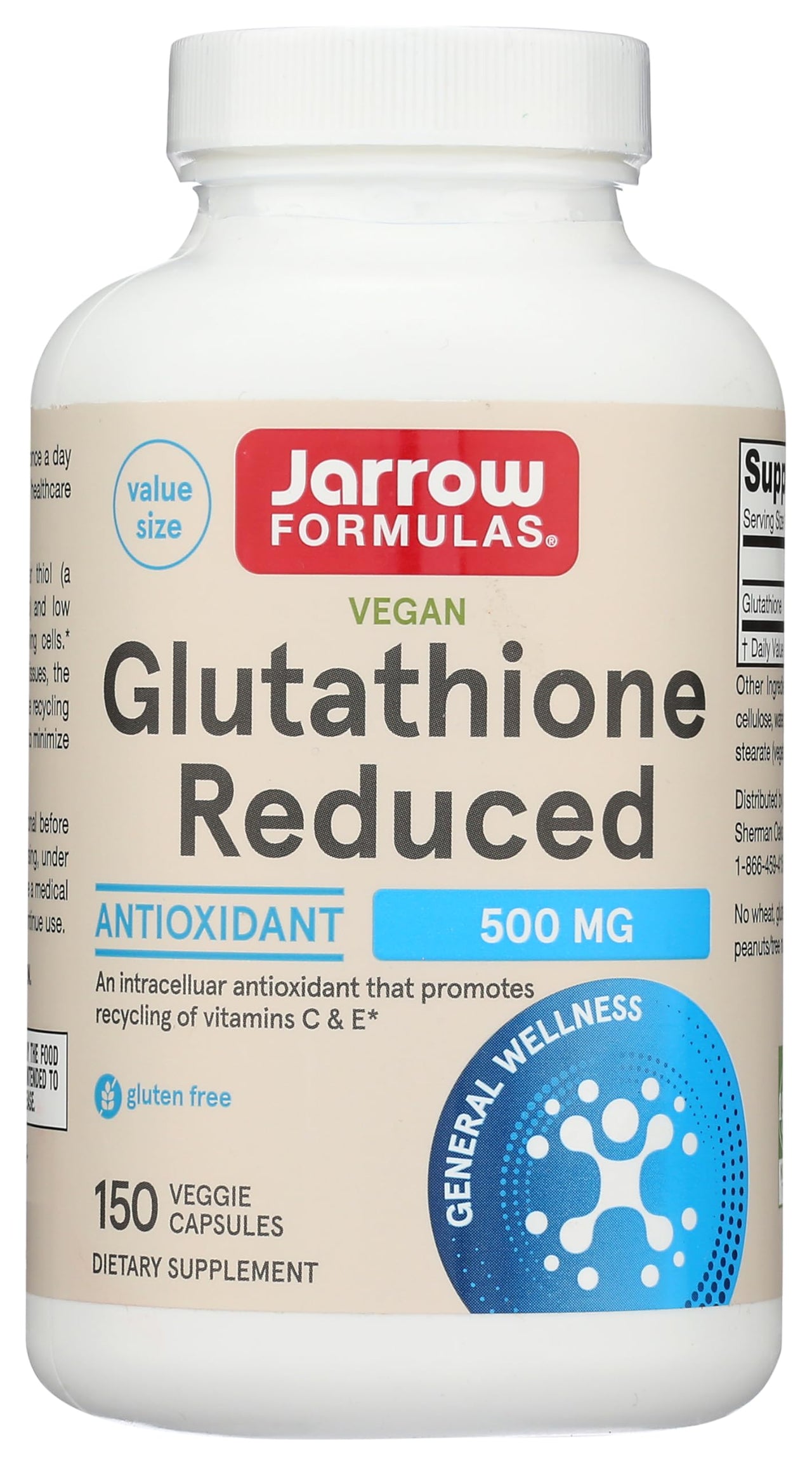 Jarrow Formulas Glutathione Reduced 500 mg - 150 Veggie Capsules - Intracellular Antioxidant - Quality Glutathione Supplements - Supports Recycling of Vitamins C & E - Non-GMO - Gluten Free - Vegan