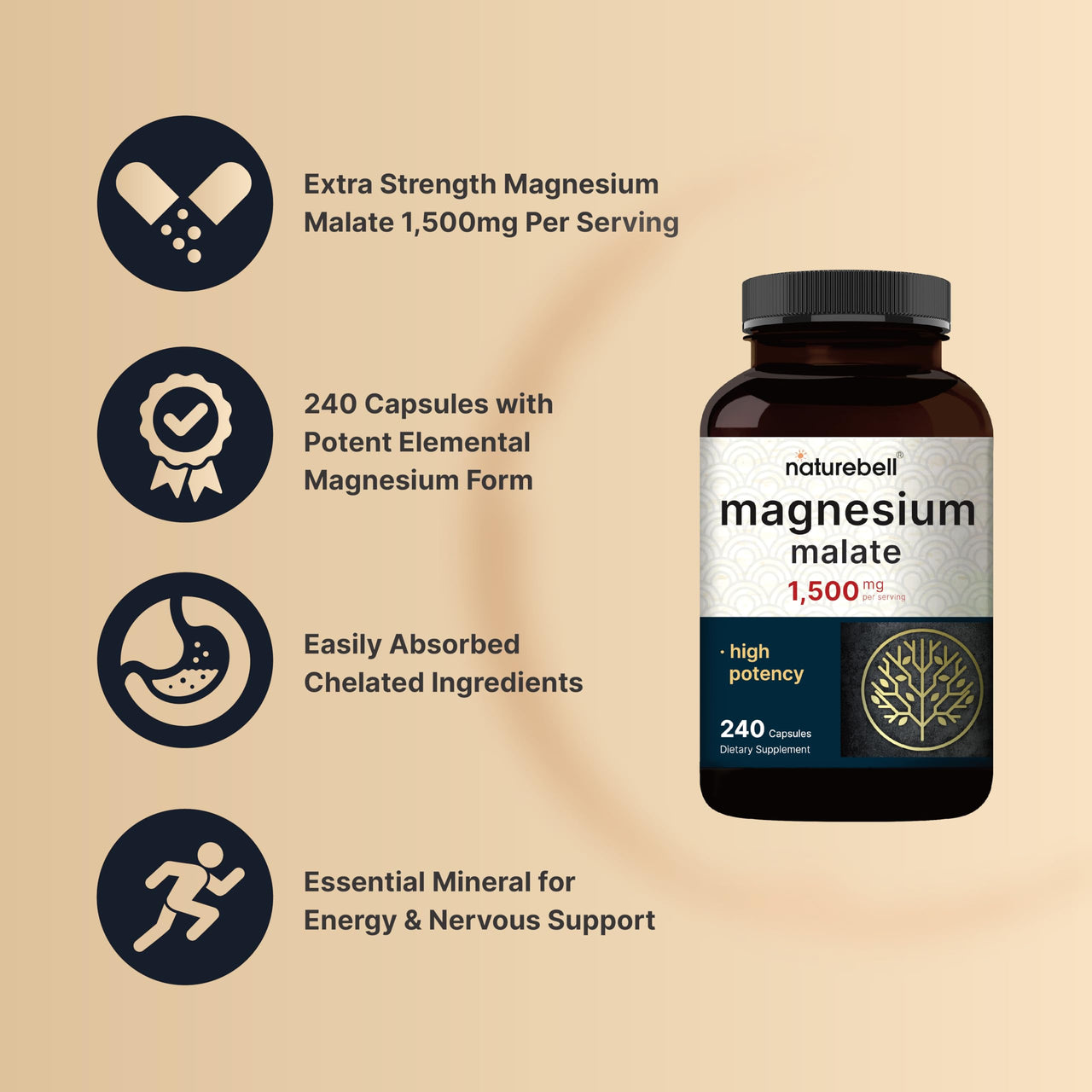 NatureBell Magnesium Malate 1,500mg, 240 Capsules | Chelated for High Absorption | Energy & Nervous System Support | Non-GMO, Gluten-Free