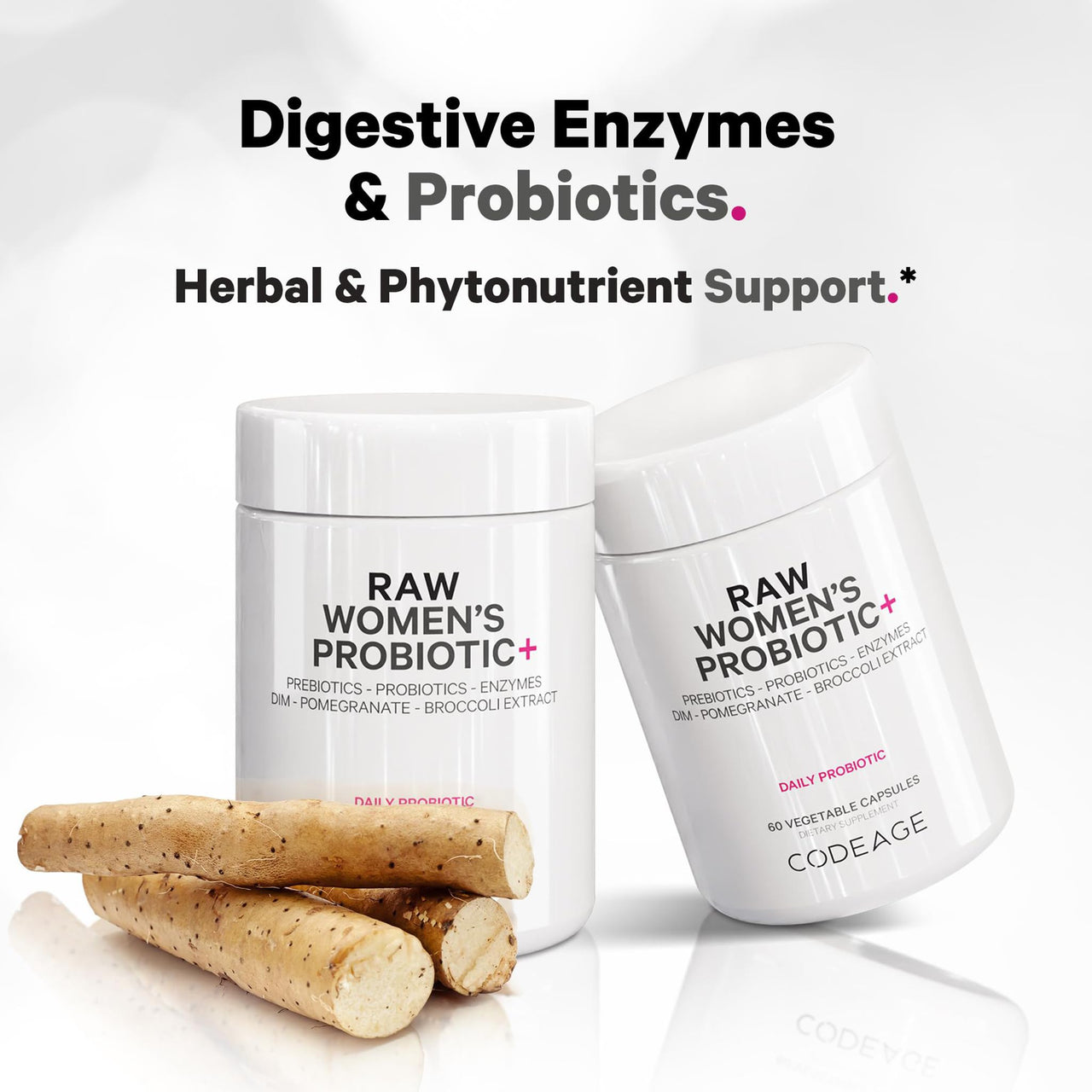 Codeage Raw Women’s Probiotic+ Supplement - 34 Probiotic Strains, 100 Billion CFUs, Digestive Enzymes, Prebiotic Blend, DIM, Herbal Extracts, Phytonutrients - Non-GMO - 30 Capsules