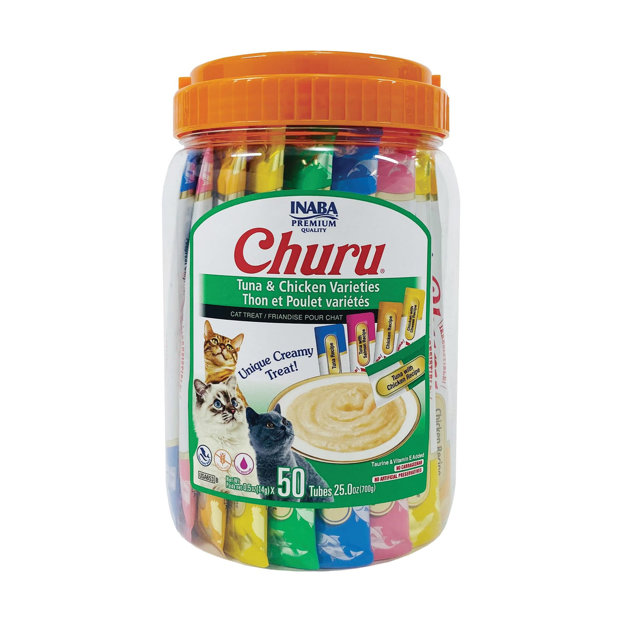 INABA Churu Cat Treats, Grain-Free, Lickable, Squeezable Creamy Purée Cat Treat/Topper with Vitamin E & Taurine, 0.5 Ounces Each Tube, 50 Tubes, Tuna & Chicken Variety