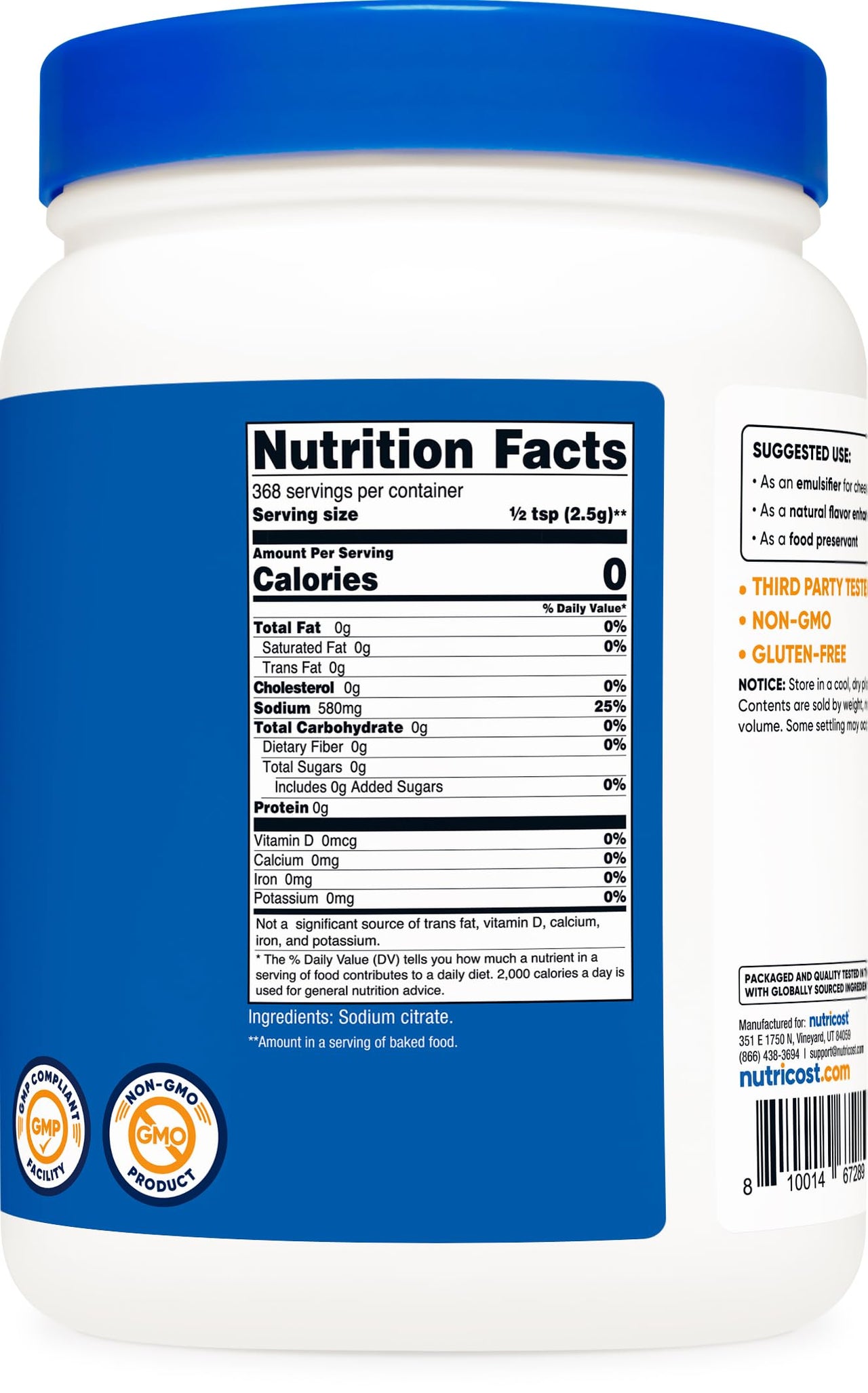 Nutricost Sodium Citrate Powder 2LB (32.4oz) - Food Grade, Non-GMO - Emulsifier, Natural Flavor Enhancer, Food Preservant