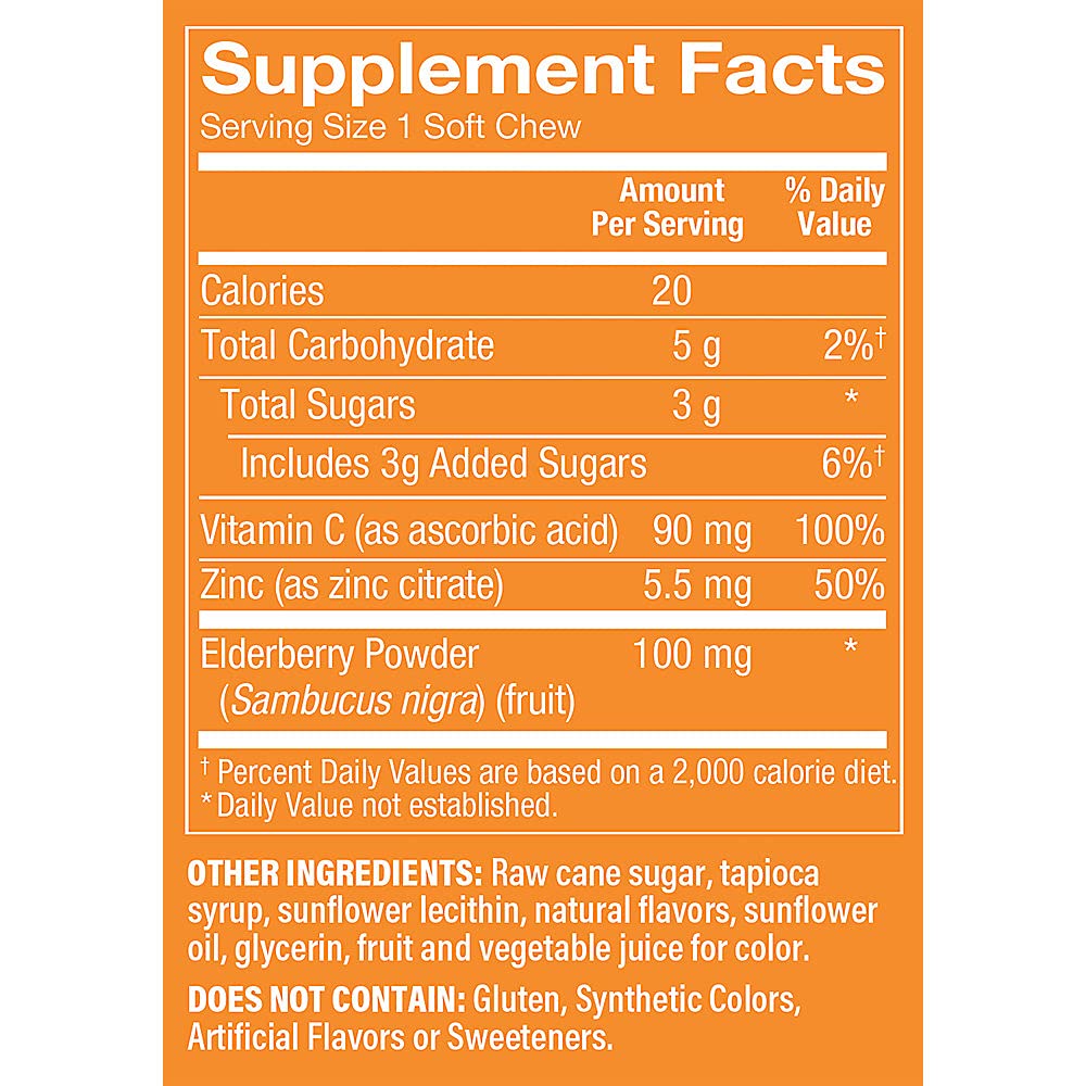 Elderberry, Zinc & Vitamin C Soft Chews - Immune Support - Mixed Berry (60 Soft Chews)