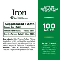 Thumbnail for Nature'S Bounty Iron 65Mg, 325 Mg Ferrous Sulfate, Cellular Energy Support, Promotes Normal Red Blood Cell Production, 100 Tablets
