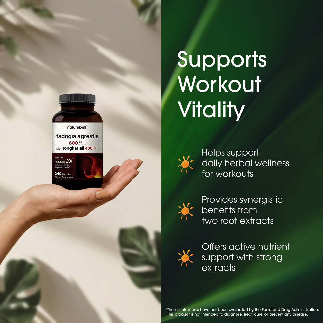 NatureBell Fadogia Agrestis - 240 Capsules - 600mg Fadogia Agrestis with 400mg Tongkat Ali - High Strength Extracts for Vitality & Workout Performance Support*